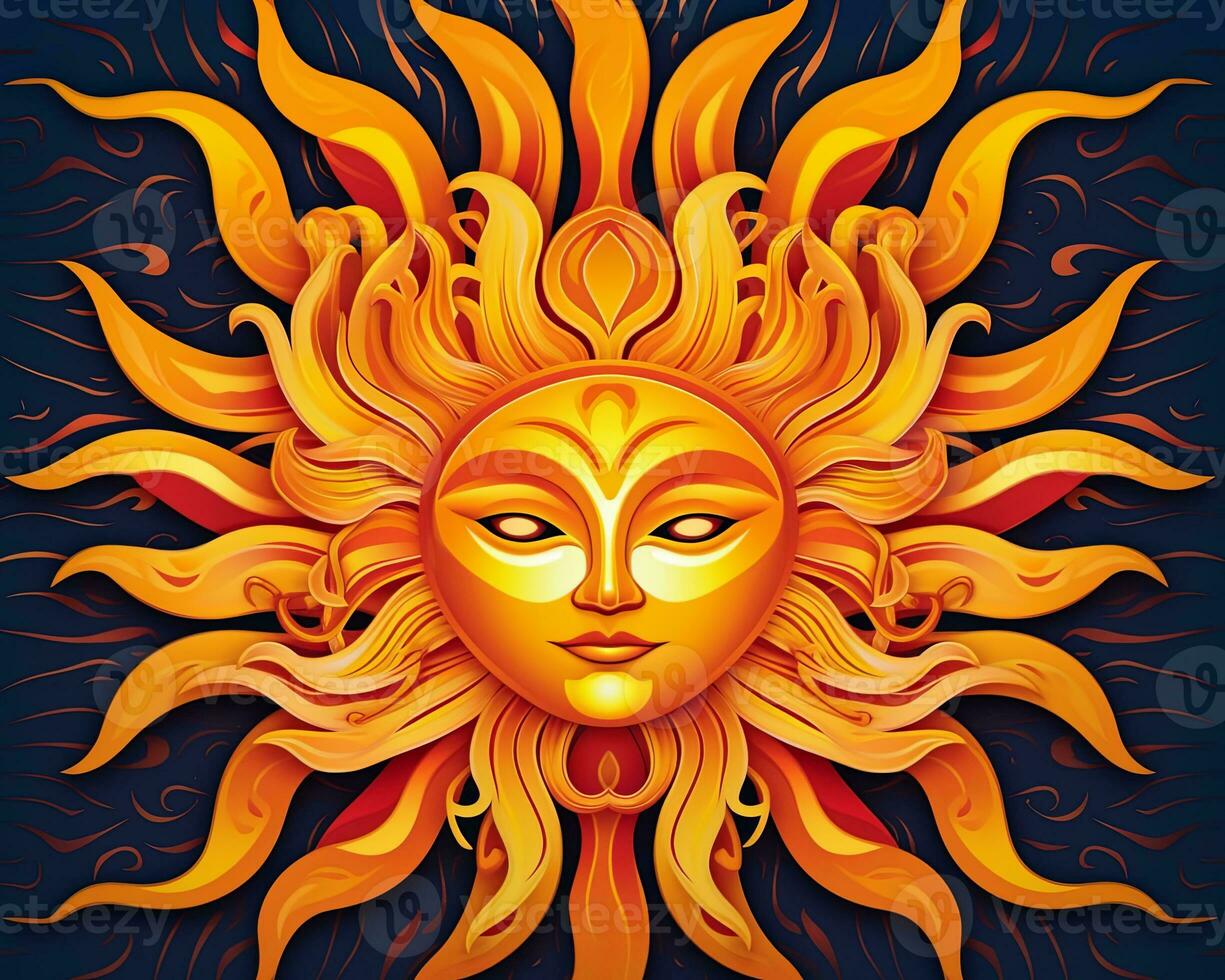 the sun face is made up of orange and yellow flames on a dark blue background generative AI photo