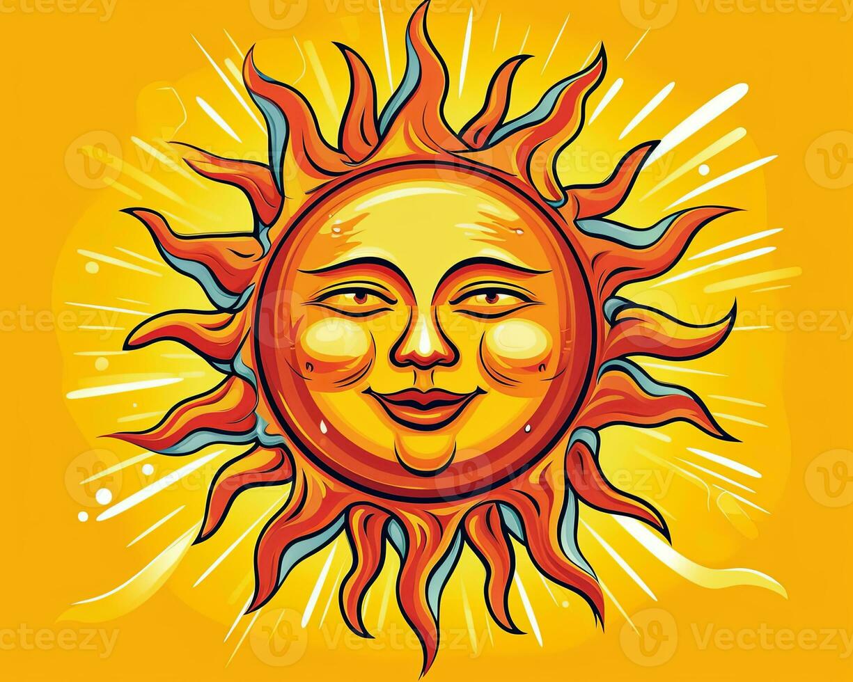 the sun is smiling in a cartoon style on an orange background generative AI photo