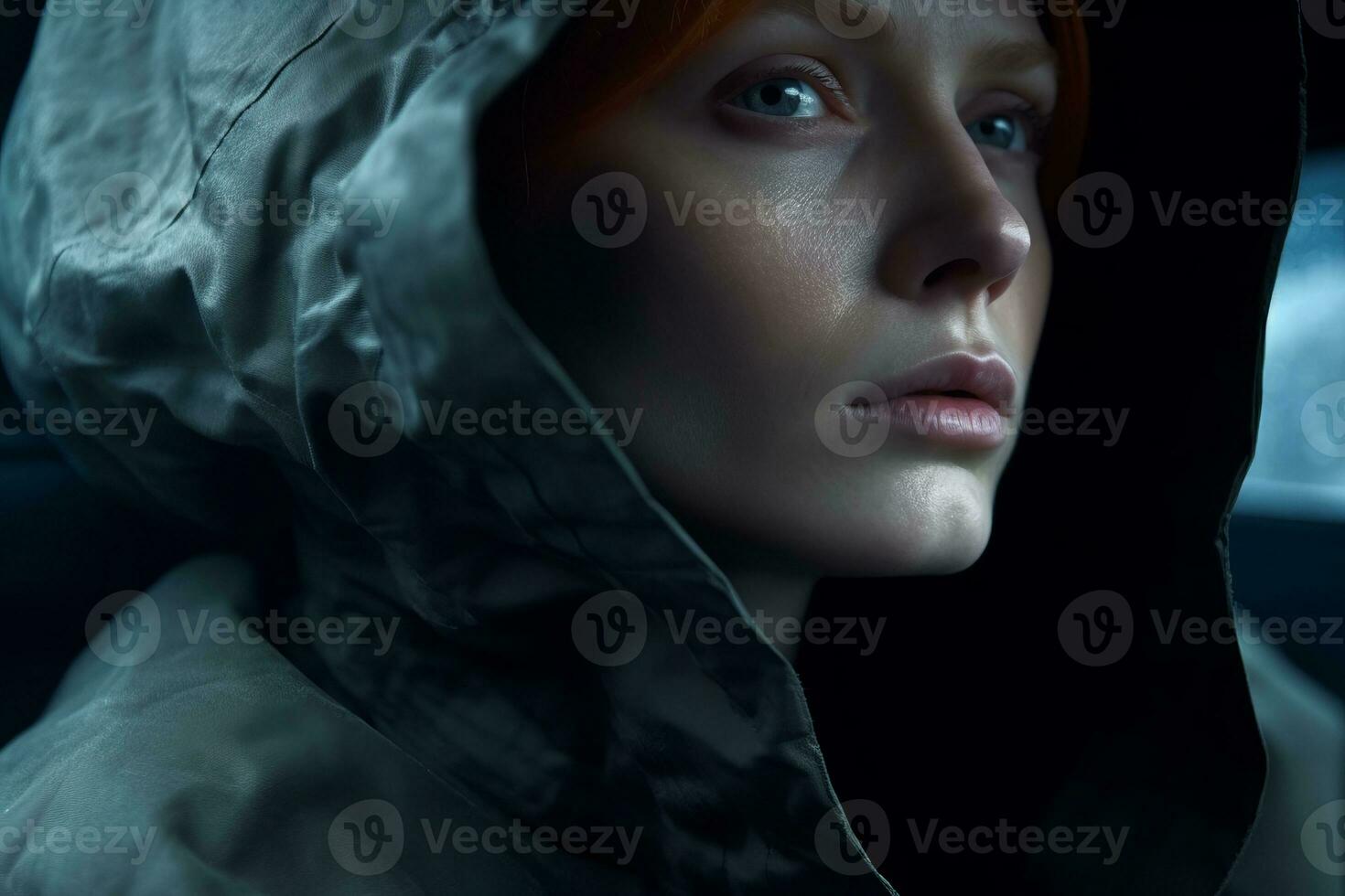 the woman is wearing a hoodie and looking away from the camera generative AI photo
