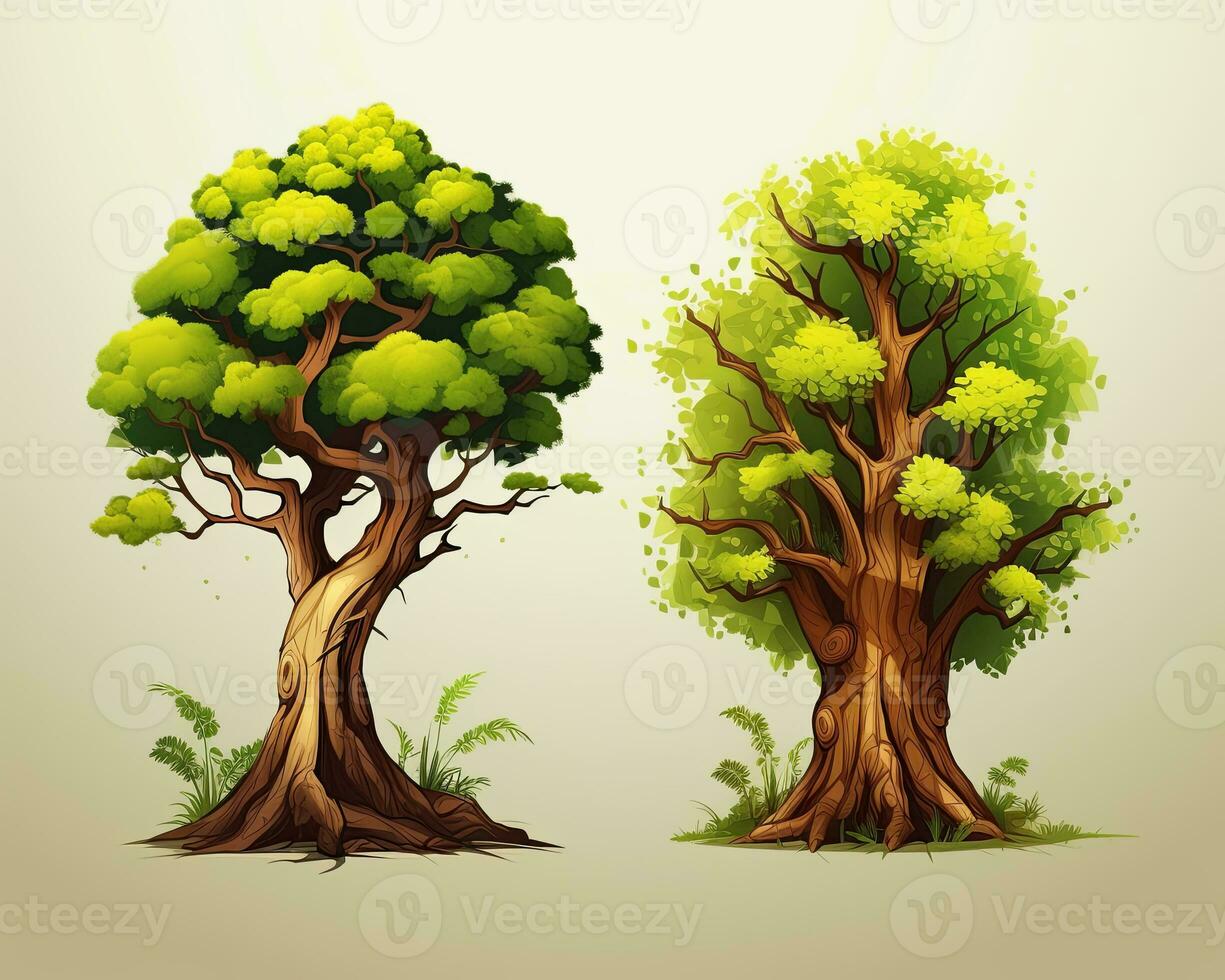 two cartoon trees one with green leaves and one with brown leaves generative AI photo