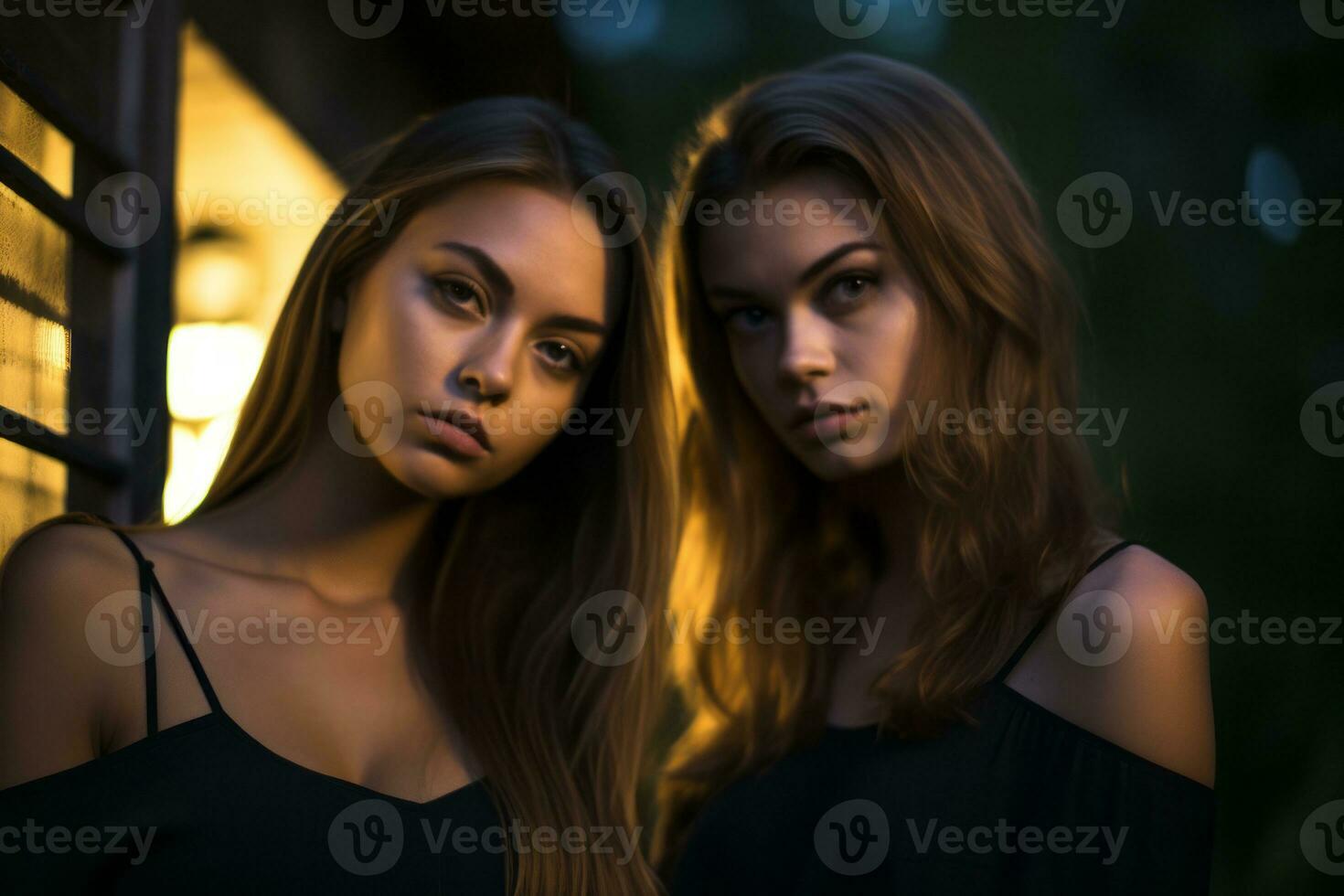 two beautiful young women posing for the camera generative AI photo