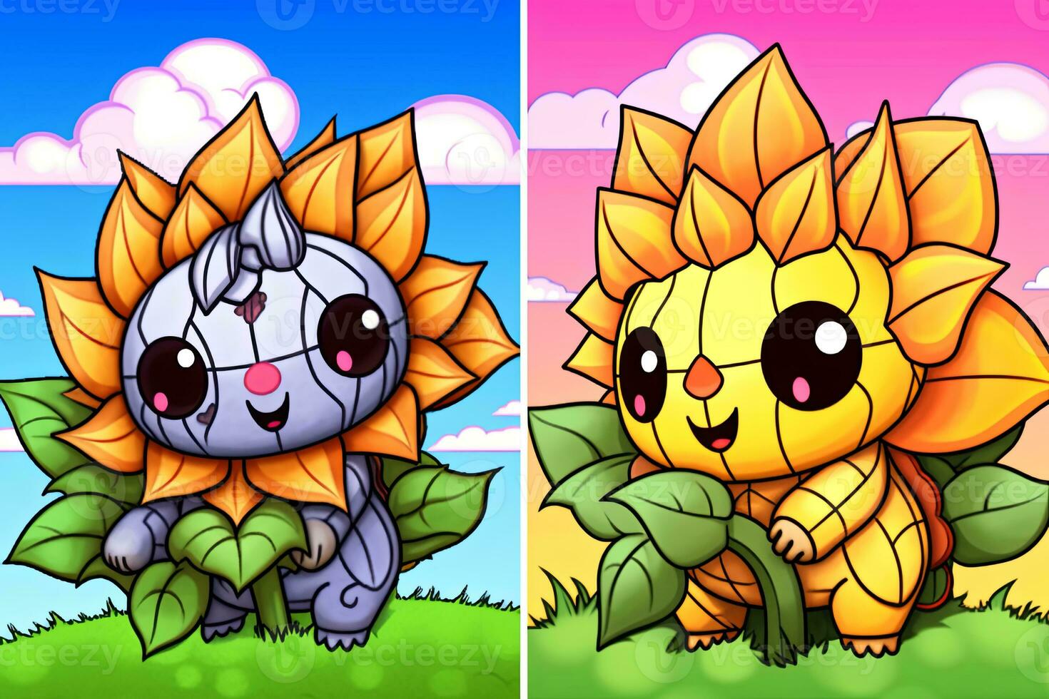 two cartoon sunflowers with different colors generative AI photo