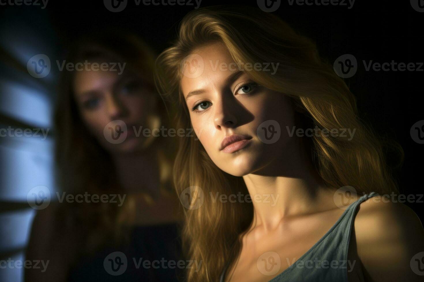 two beautiful young women looking at the camera in a dark room generative AI photo
