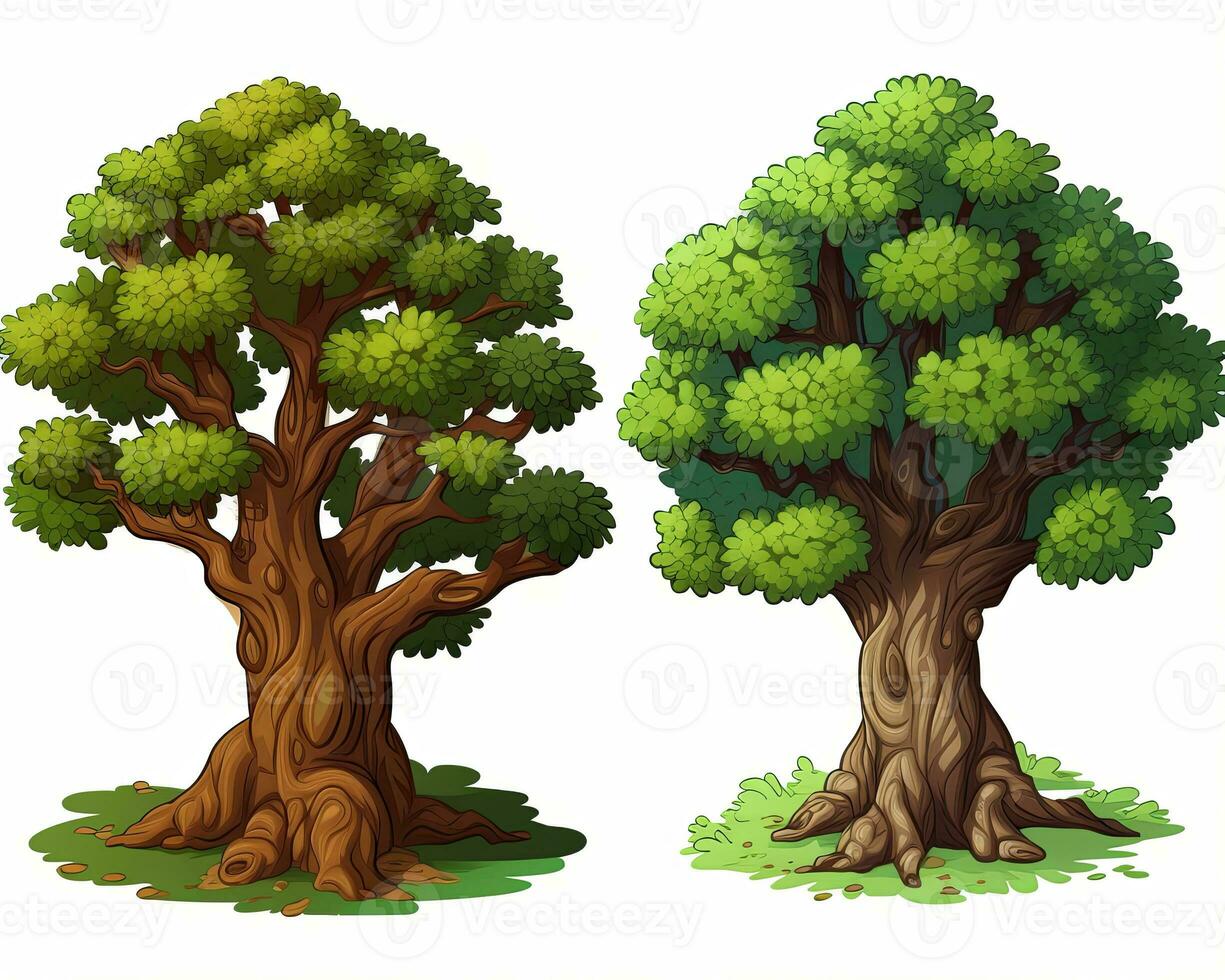 two cartoon trees one with green leaves and one with brown leaves generative AI photo