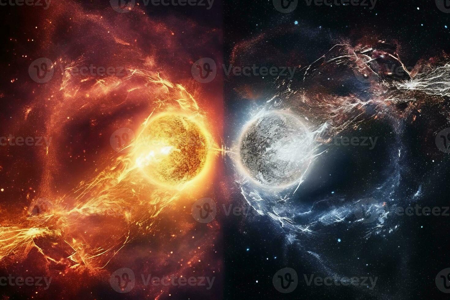 two images of the sun and the moon in space generative AI photo