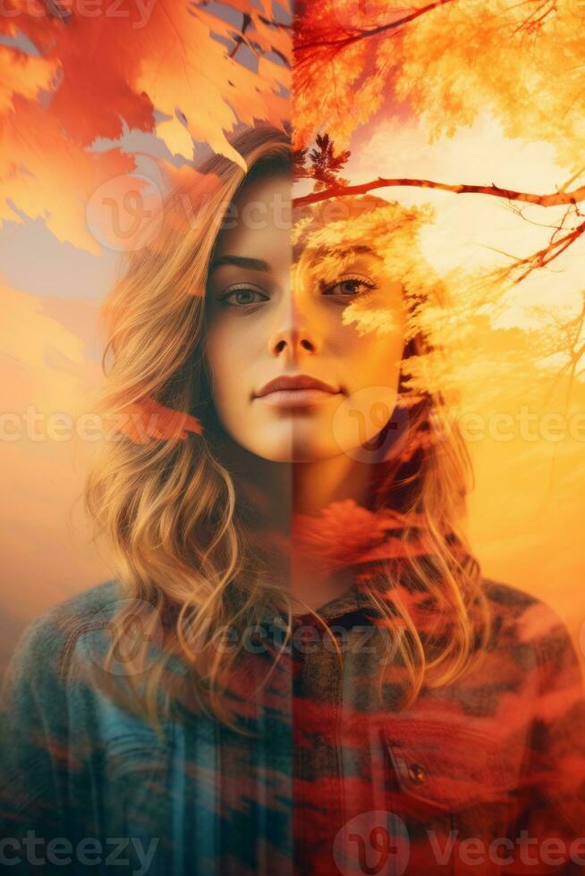 two images of a woman with her hair pulled back one with autumn leaves and the other with a tree in the background generative AI photo