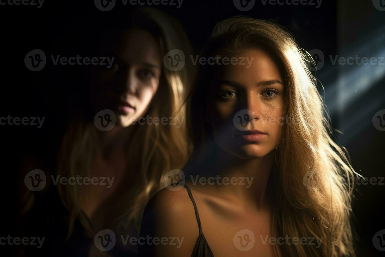 two women are looking at the camera in a dark room generative AI photo