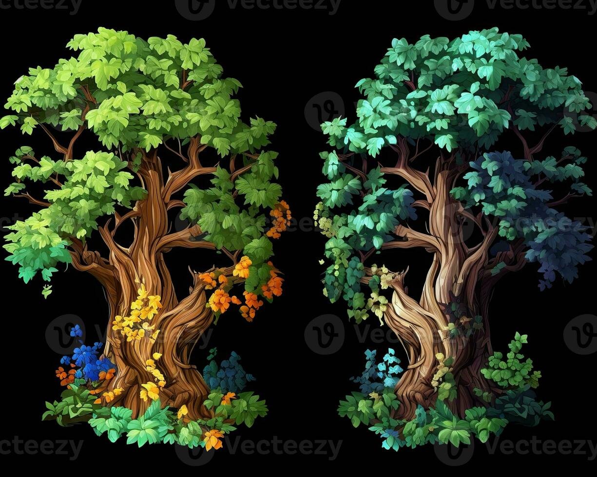 two trees with leaves and flowers on them generative AI photo