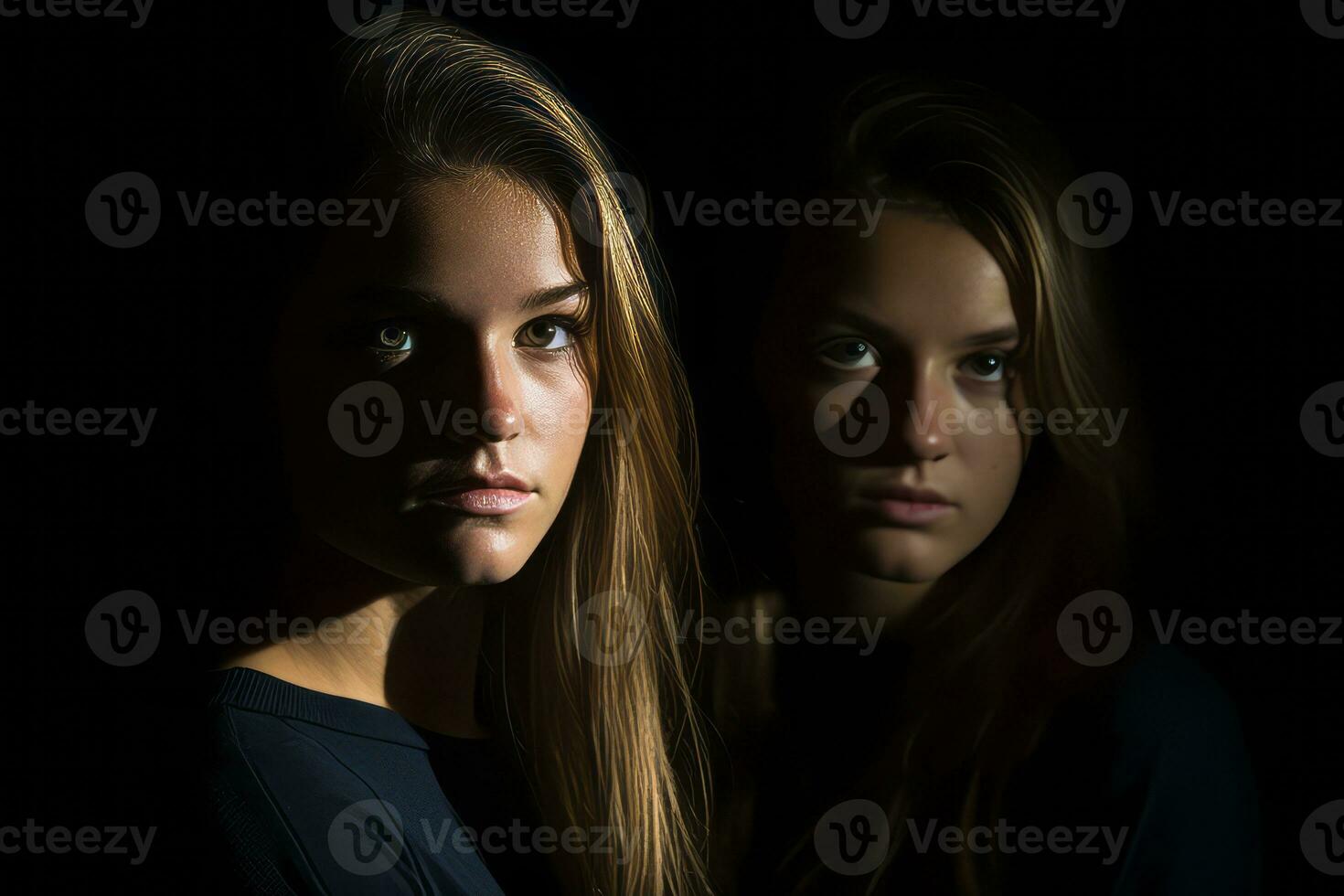 two women are looking at the camera in the dark generative AI photo