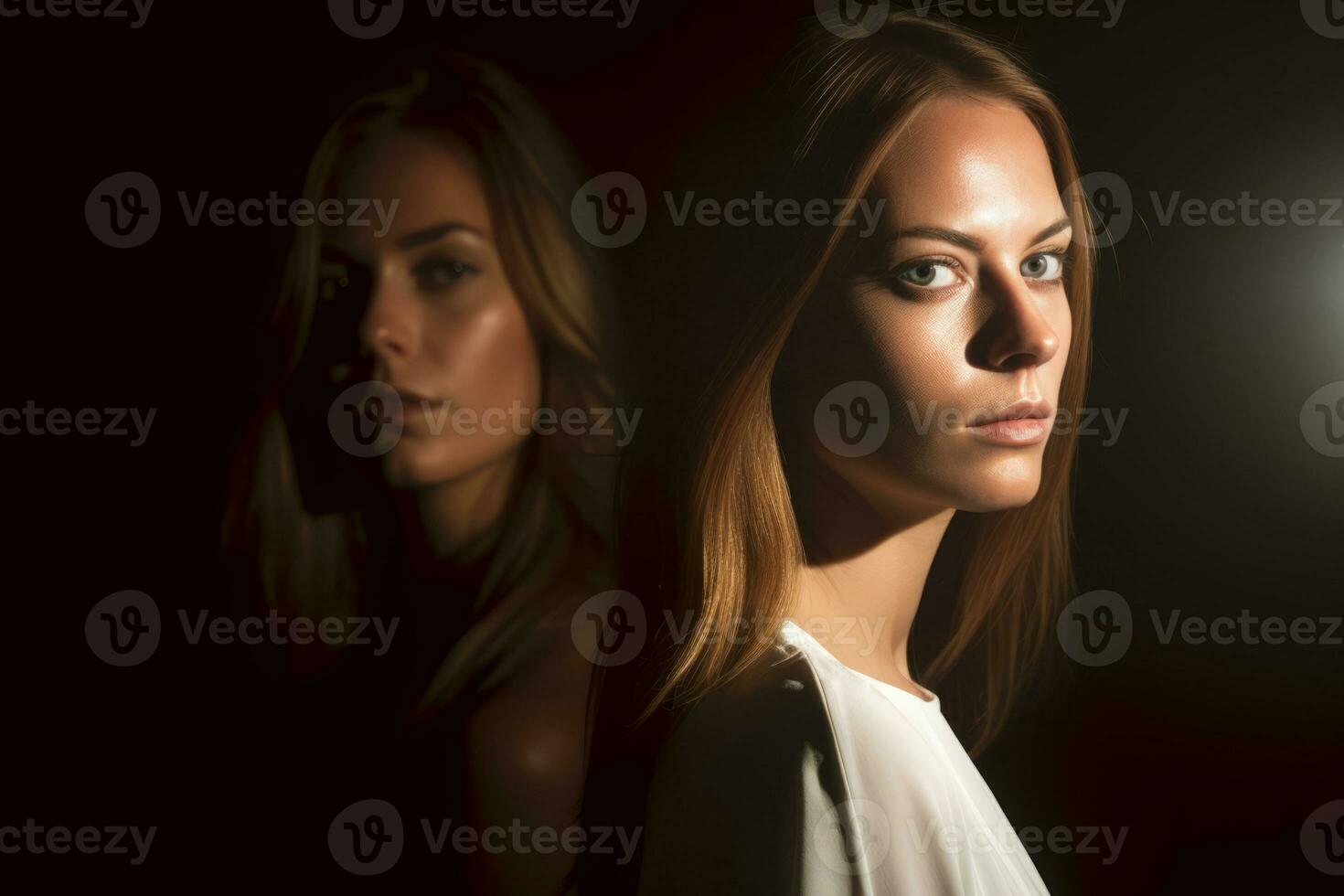 two women in a dark room with the light shining on them generative AI photo