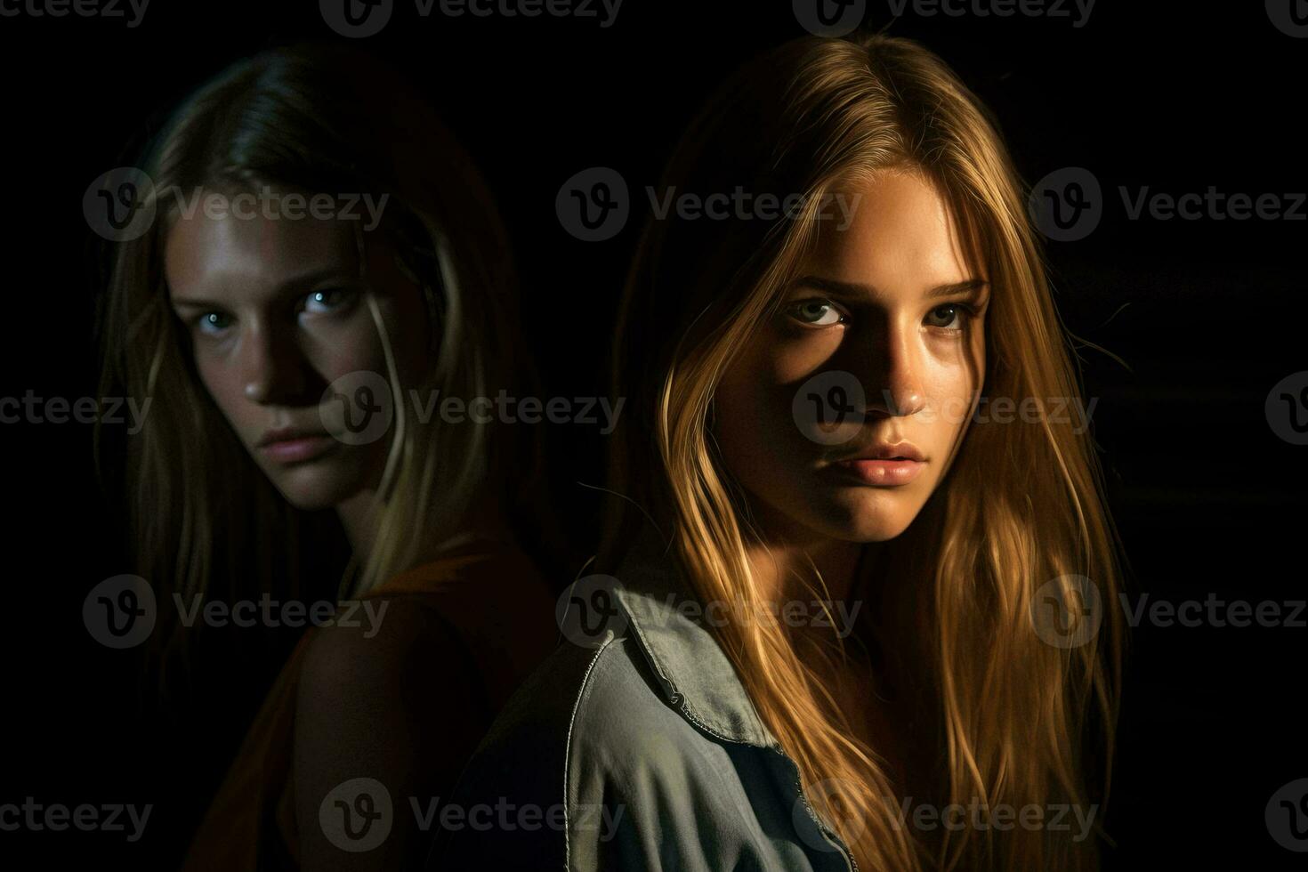 two young women looking at the camera in a dark room generative AI photo