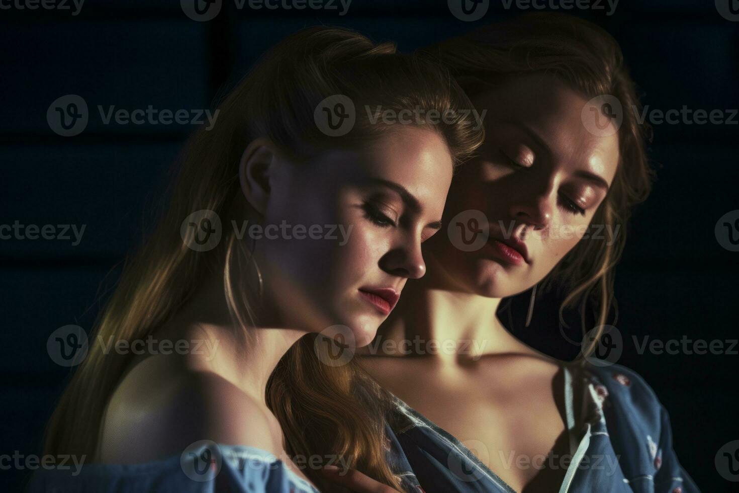 two young women are looking at each other in the dark generative AI photo