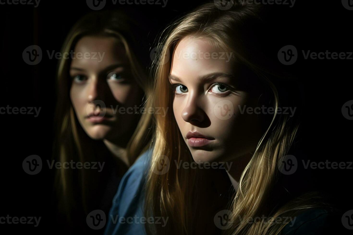 two young women looking at the camera in the dark generative AI photo
