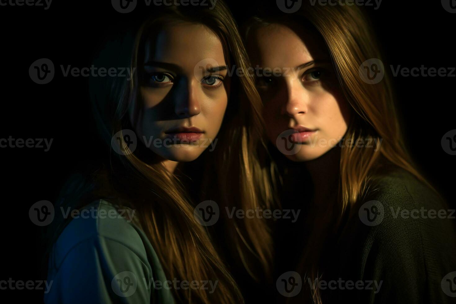 two young women looking at the camera in a dark room generative AI photo