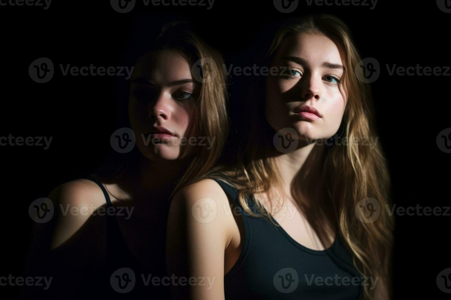 two young women looking at the camera in a dark room generative AI photo