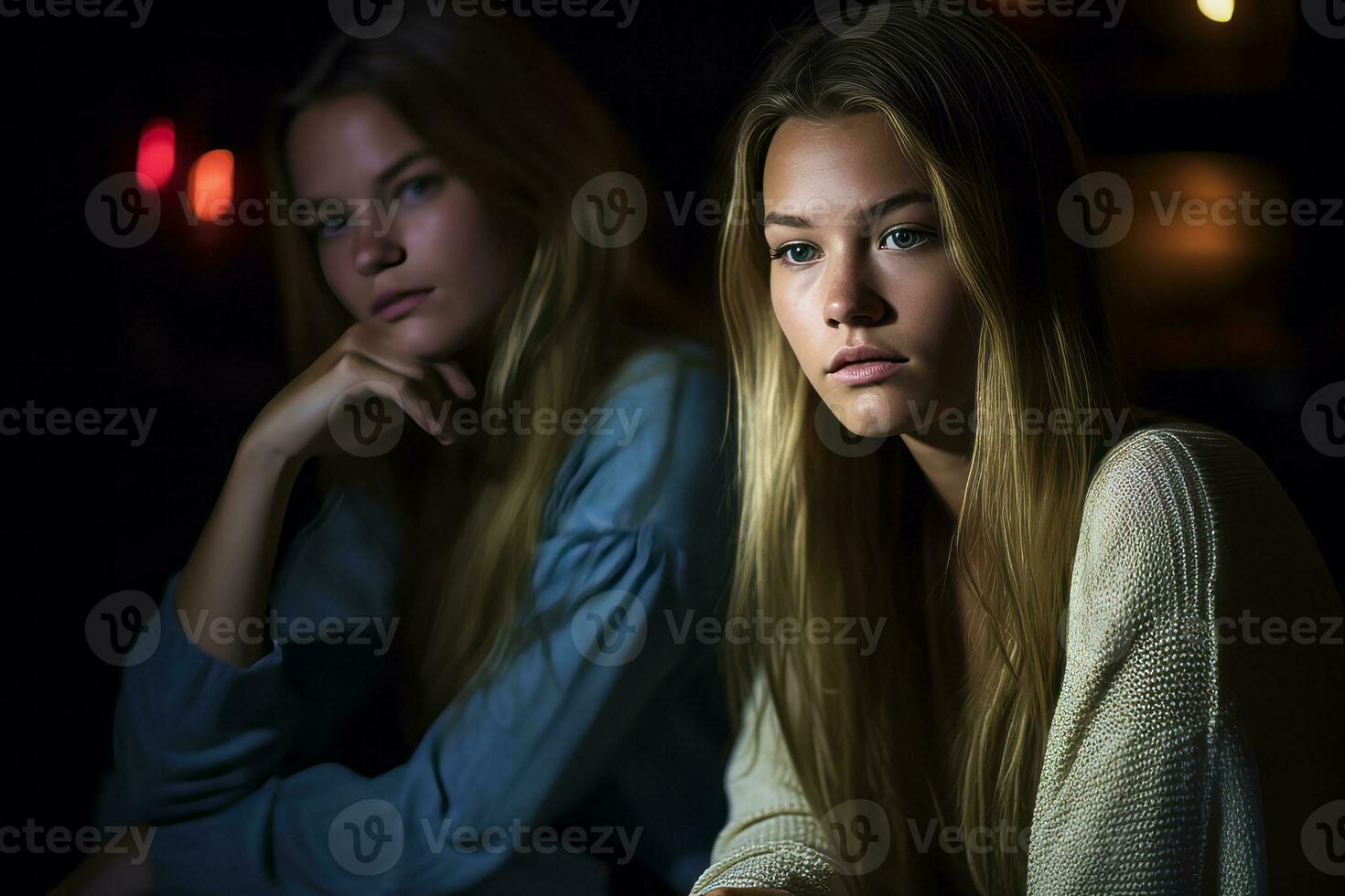 two young women are sitting in a dark room generative AI photo