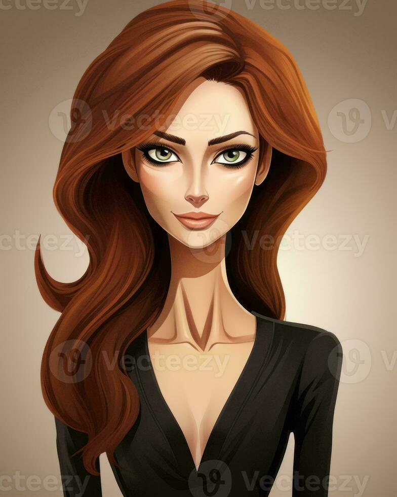 vector illustration of a beautiful woman with long red hair and green eyes generative AI photo