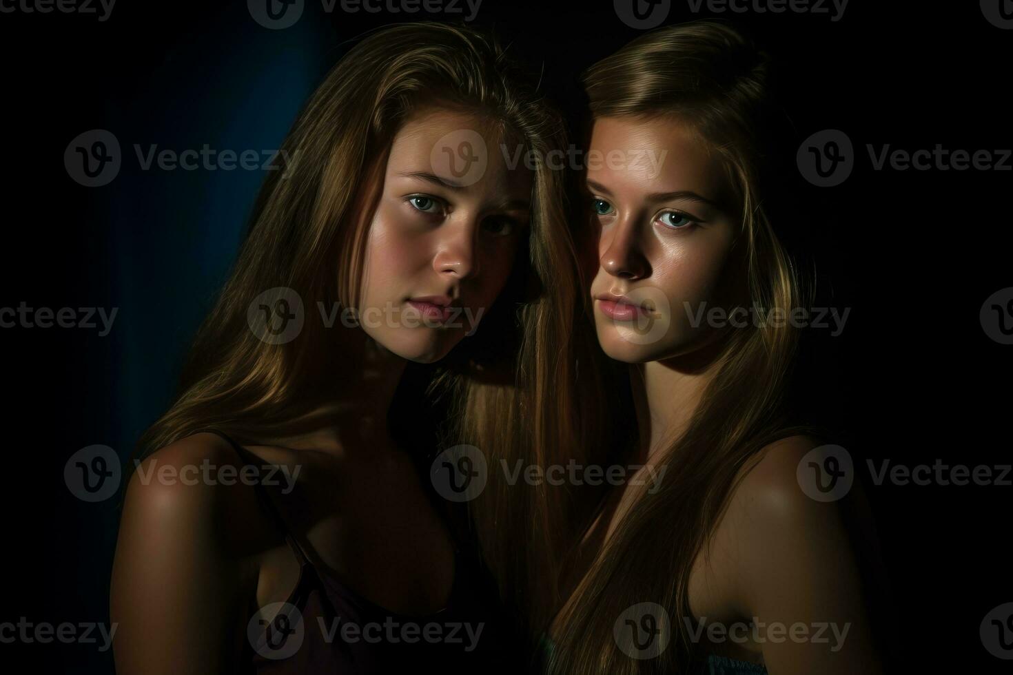 two young women posing for the camera in front of a dark background generative AI photo