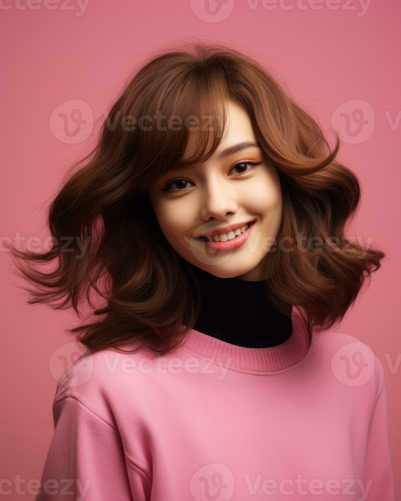 Portrait young asian cute woman teen lean wall wear pink sweater. 6853862  Stock Photo at Vecteezy