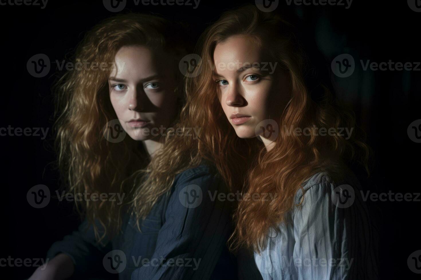 two young women with red hair sitting in a dark room generative AI photo