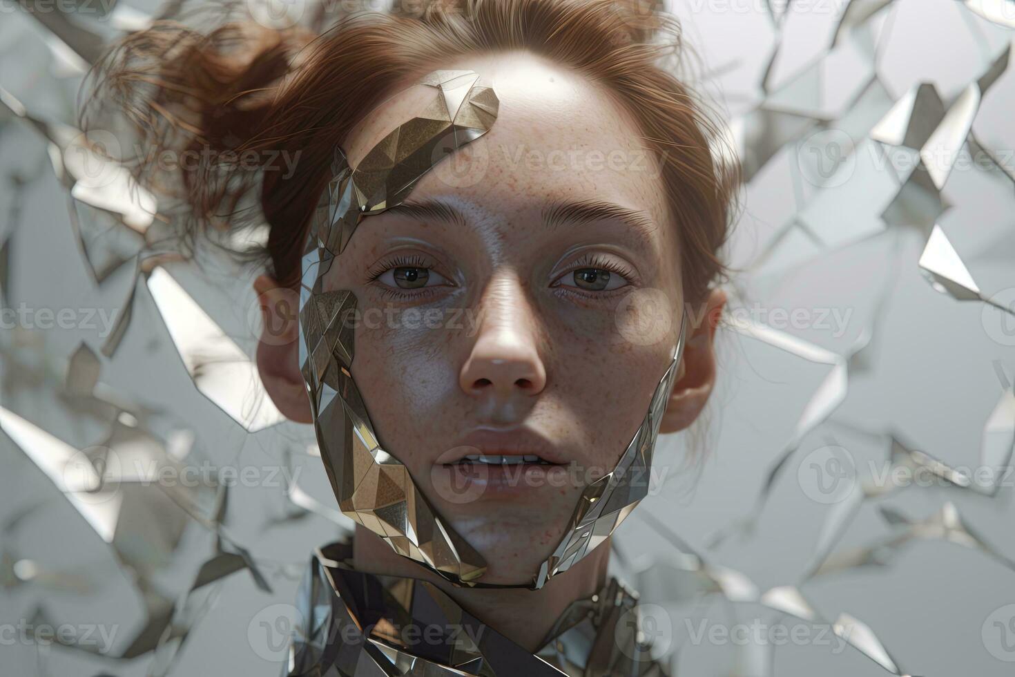 3D Render Hyper Realistic Futuristic Fragmented Female Portrait generative AI photo
