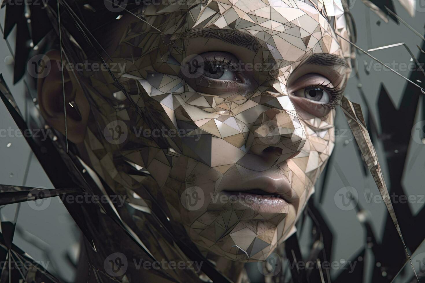 3D Render Hyper Realistic Futuristic Fragmented Female Portrait generative AI photo