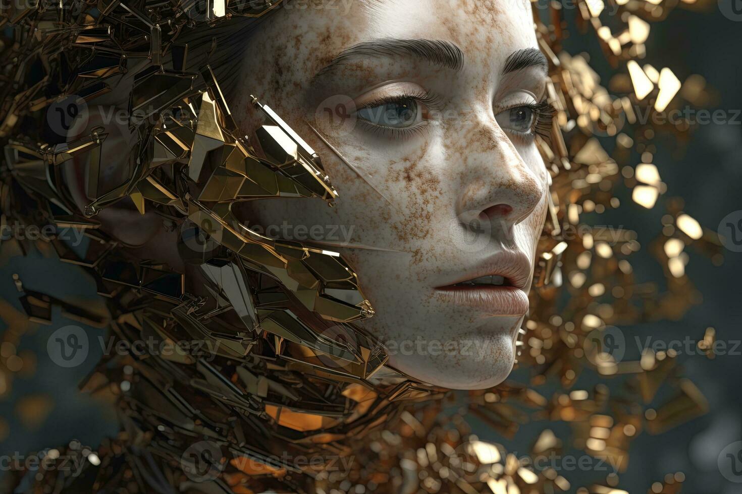 3D Render Hyper Realistic Futuristic Fragmented Female Portrait generative AI photo