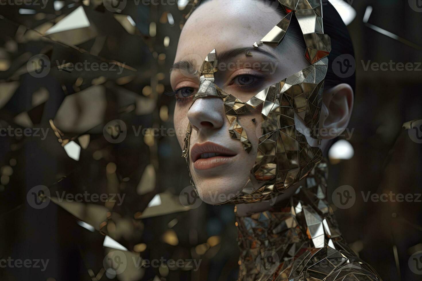 3D Render Hyper Realistic Futuristic Fragmented Female Portrait generative AI photo