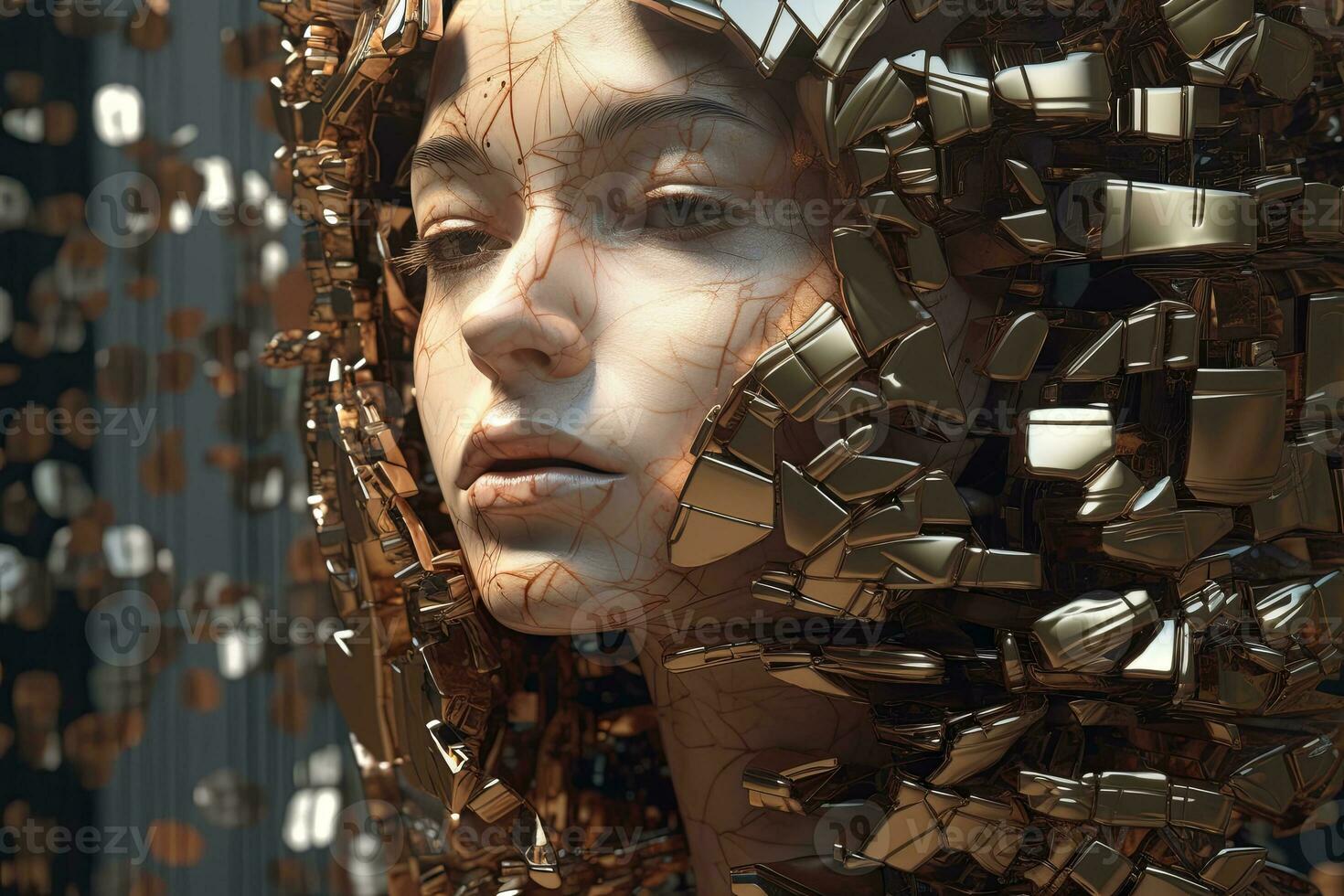 3D Render Hyper Realistic Futuristic Fragmented Female Portrait generative AI photo