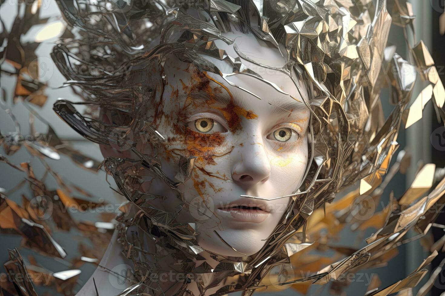 3D Render Hyper Realistic Futuristic Fragmented Female Portrait generative AI photo