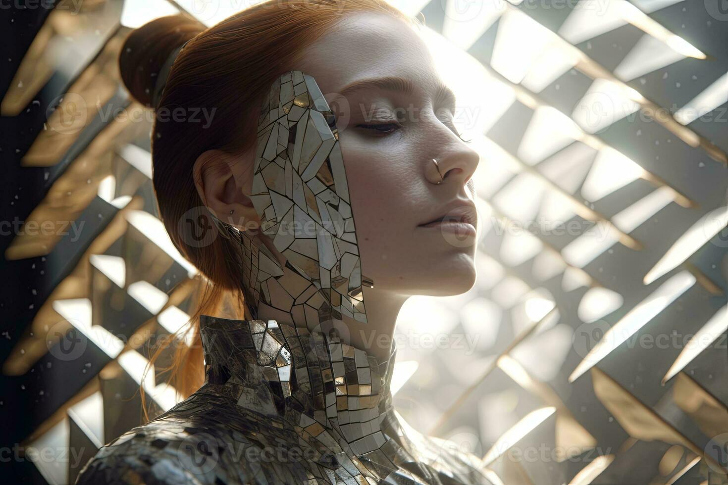 3D Render Hyper Realistic Futuristic Fragmented Female Portrait generative AI photo