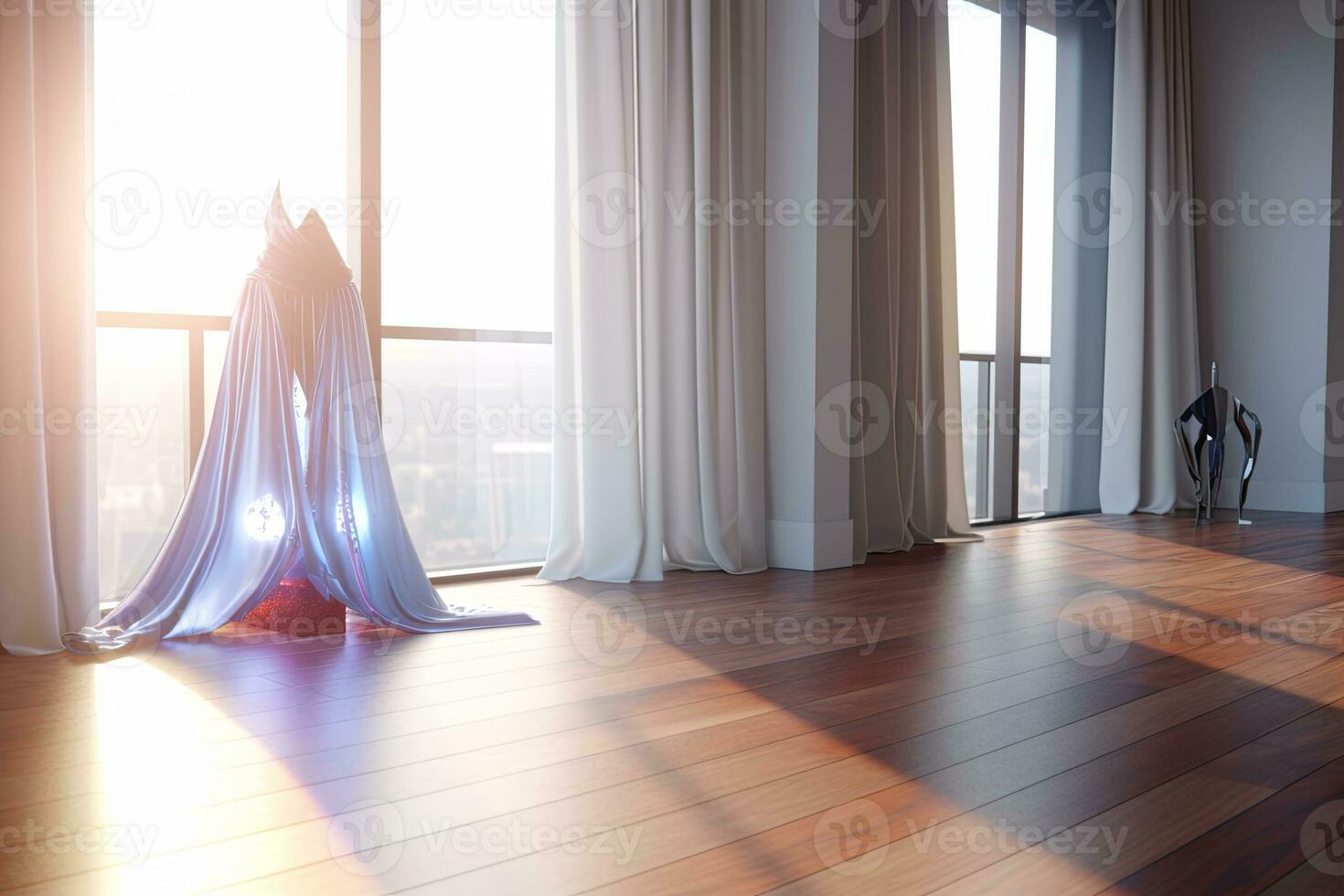 3D Render of a Bright Bedroom with a Window to Nature generative AI photo