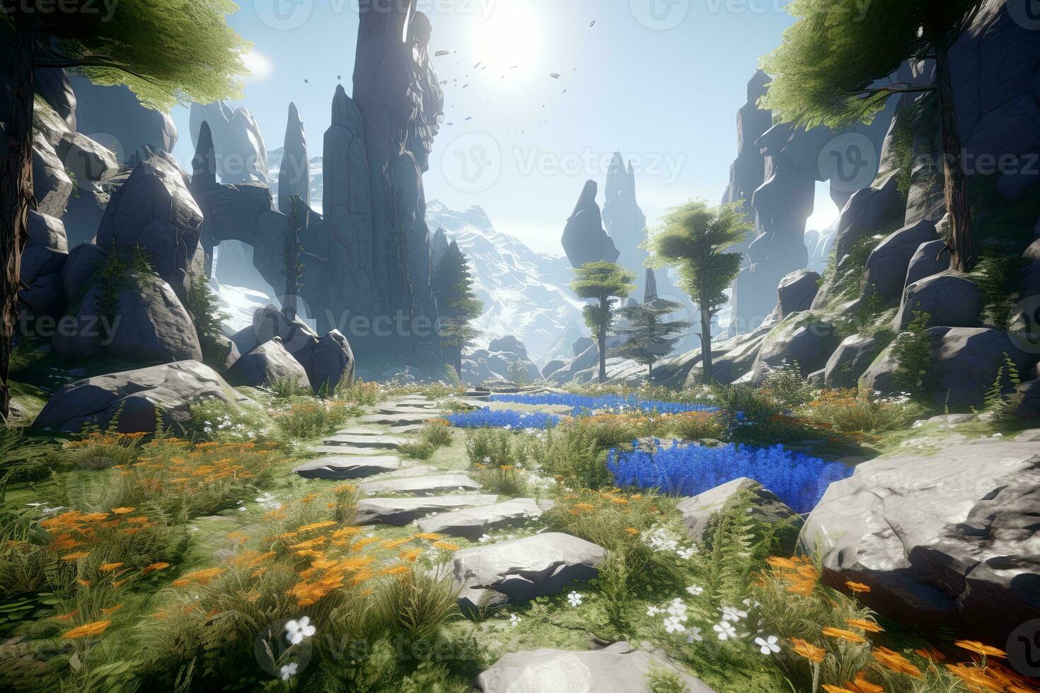 3D Render of a Bright Fantasy World Landscape generative AI photo