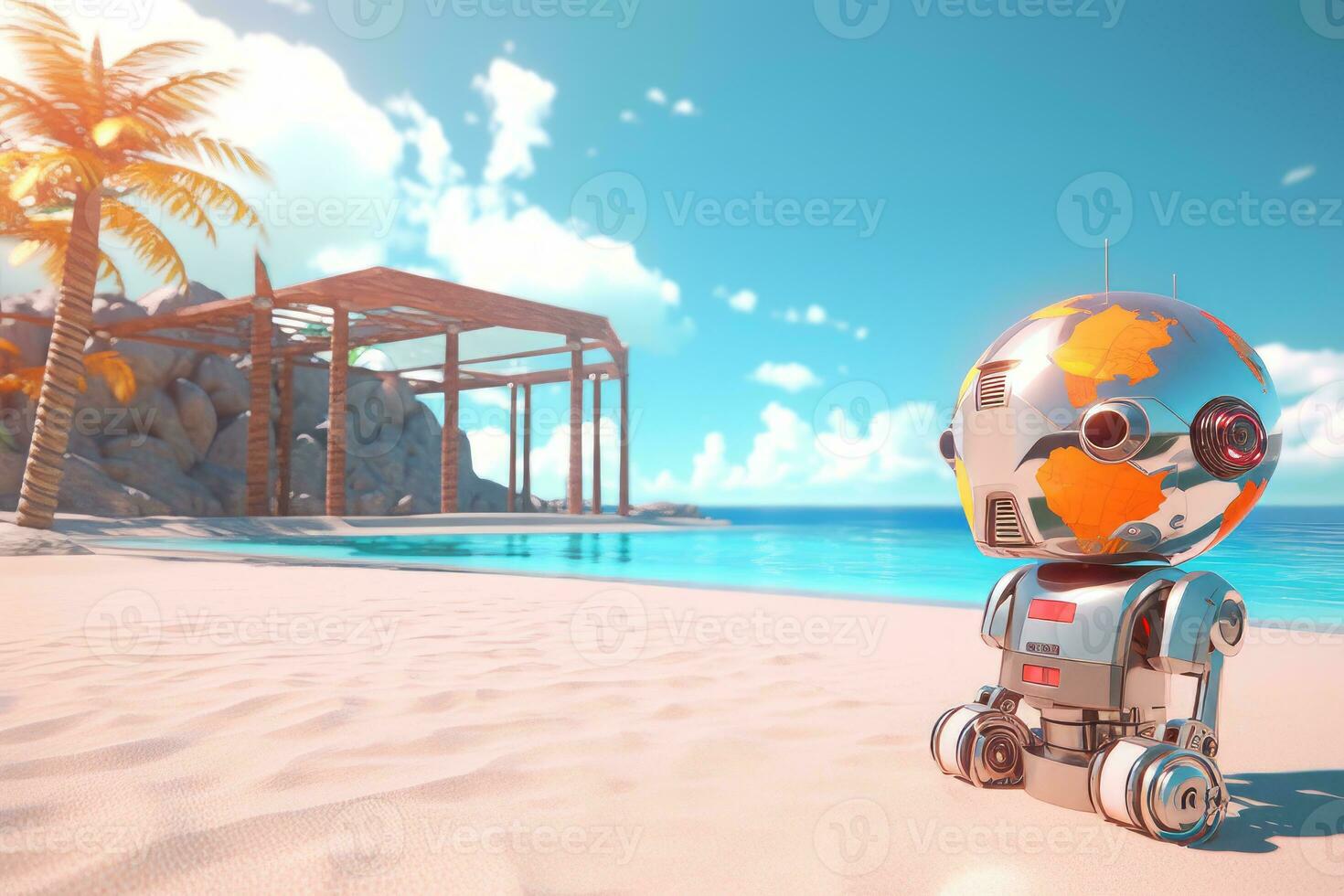 3D Render of a Robot on a Summer Beachscape generative AI photo