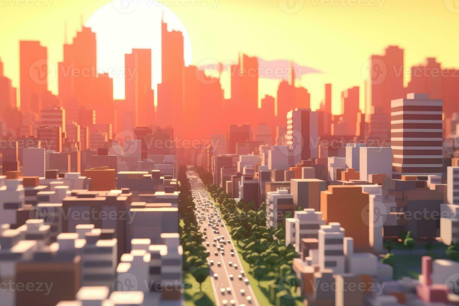 3D Render of a Summer Sunset Cityscape generative AI photo