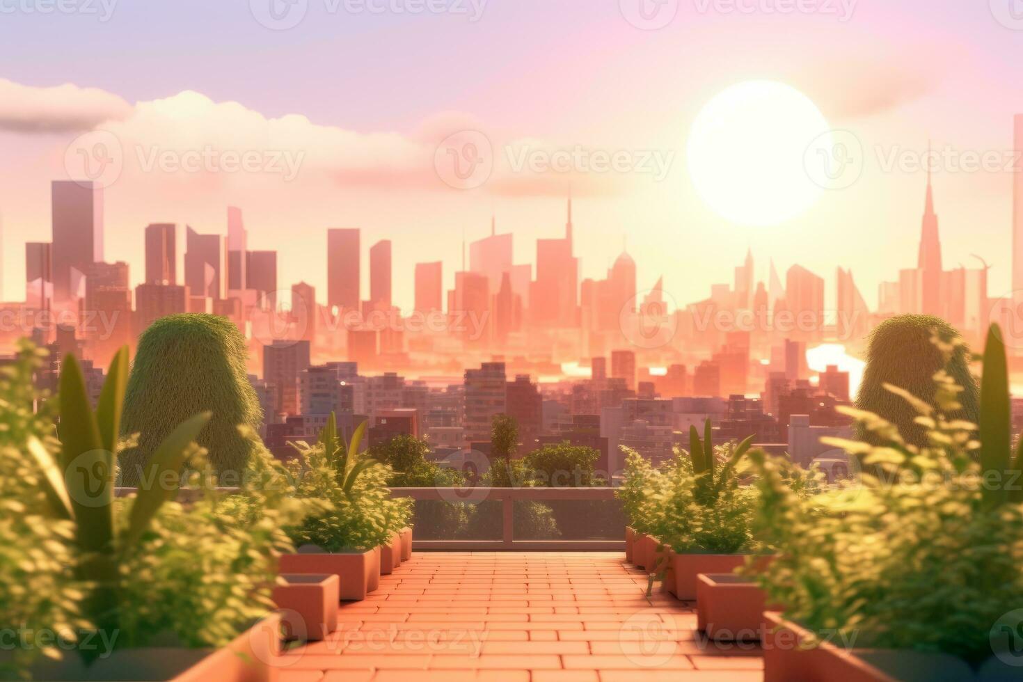 3D Render of a Summer Sunset Cityscape generative AI photo