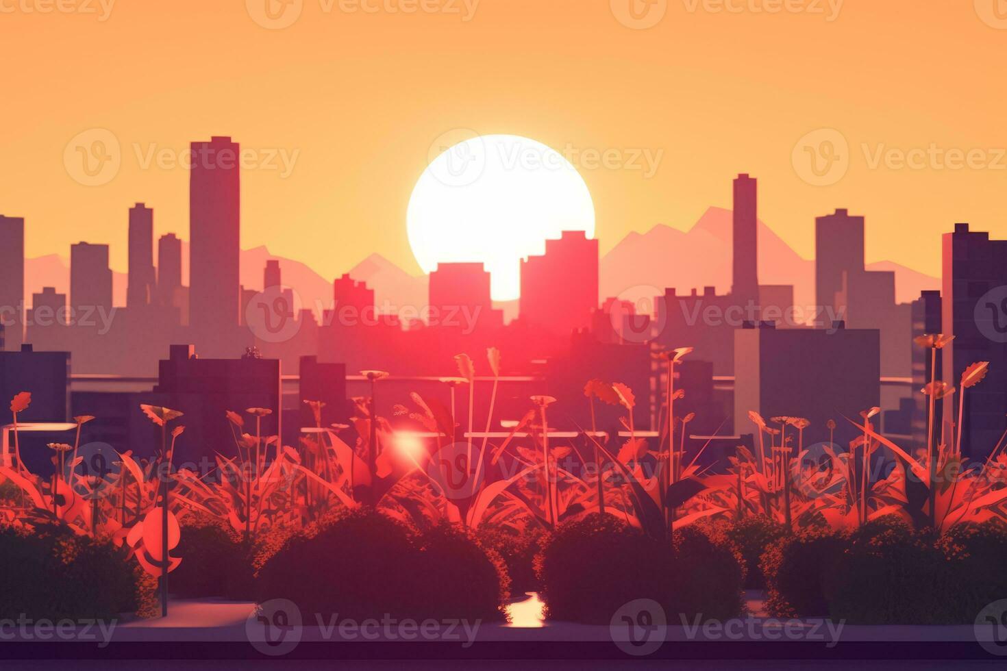 3D Render of a Summer Sunset Cityscape generative AI photo