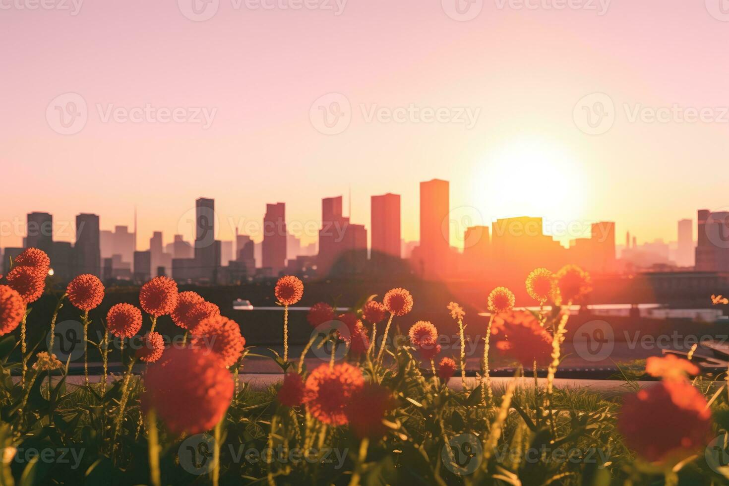 3D Render of a Summer Sunset Cityscape generative AI photo