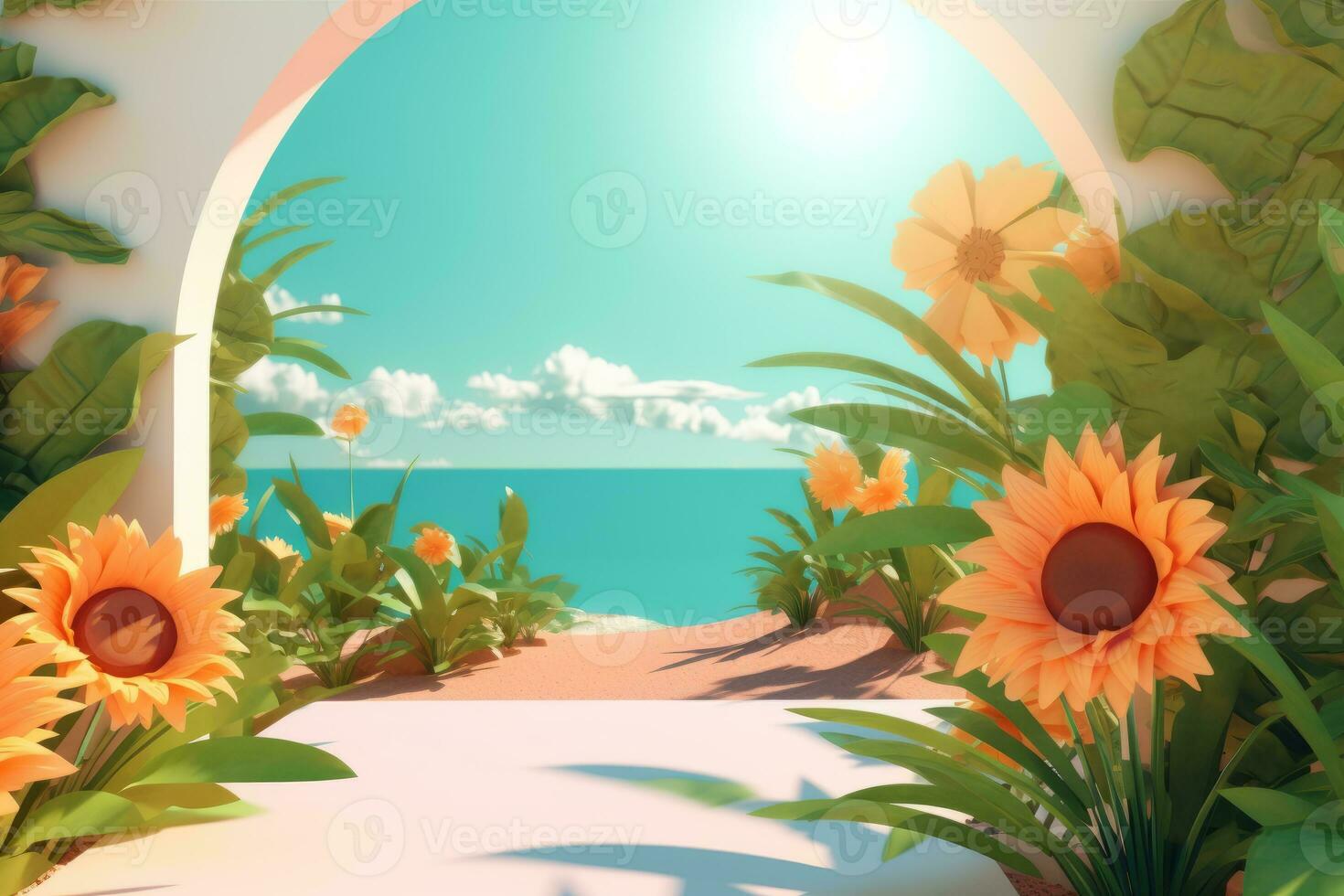 3D Render of a Summer Themed Background Landscape generative AI photo