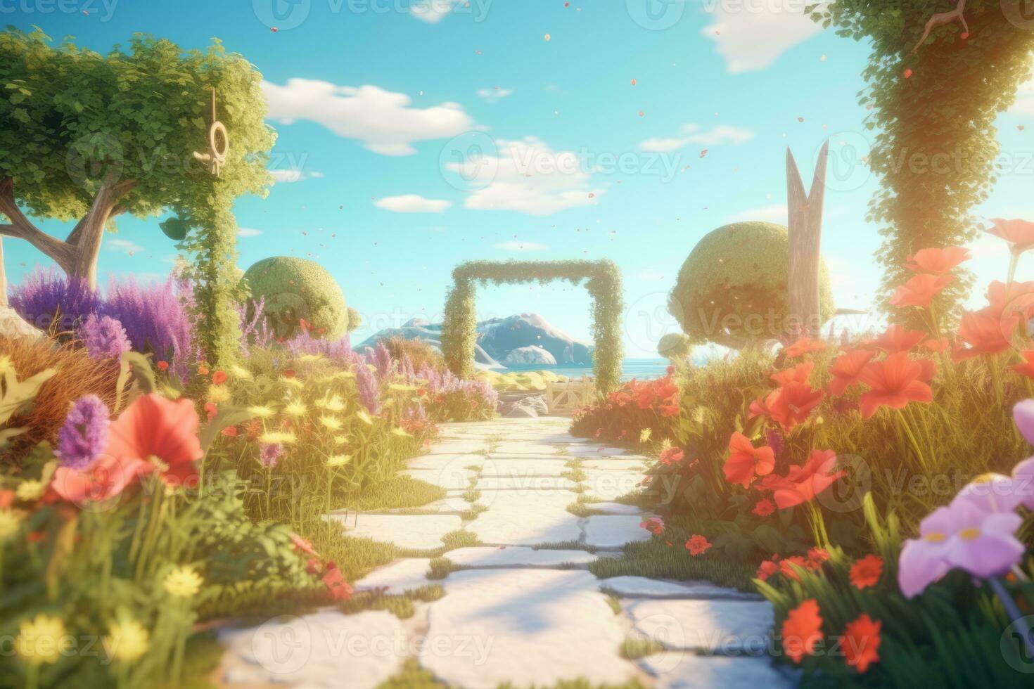 3D Render of a Summer Themed Background Landscape generative AI photo