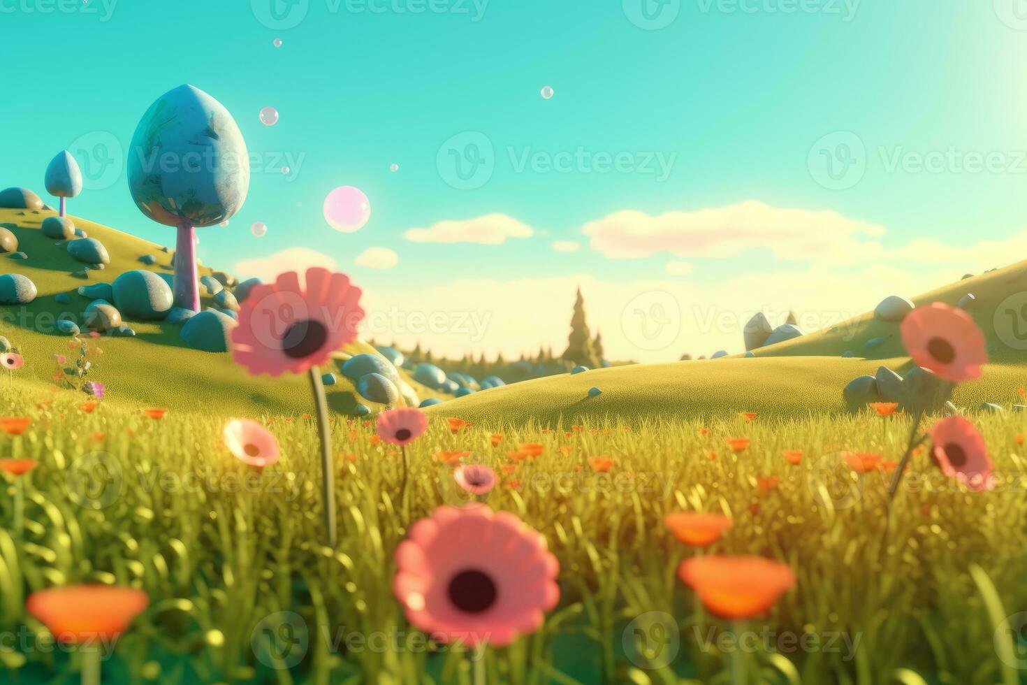 3D Render of a Summer Themed Background Landscape generative AI photo