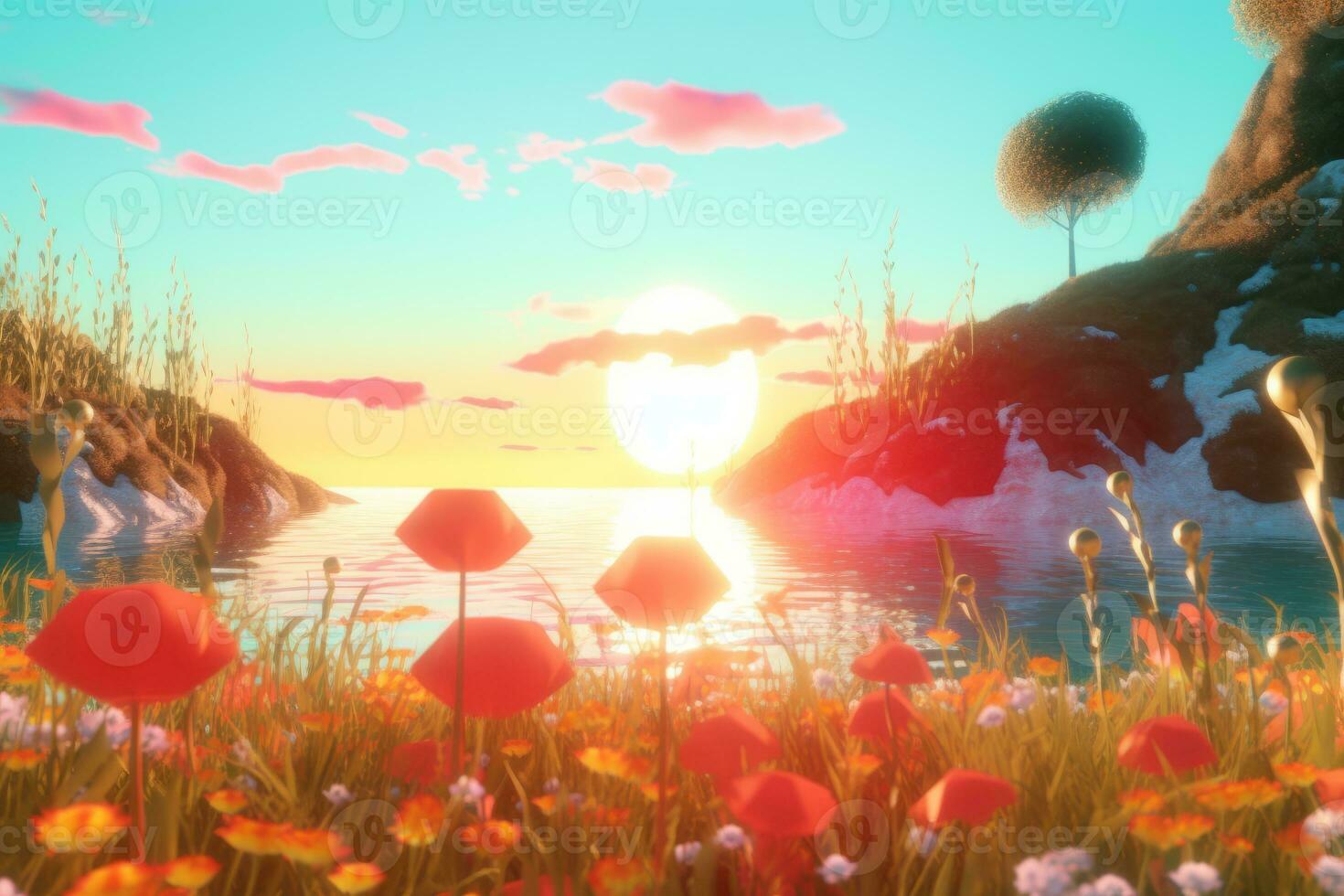 3D Render of a Summer Themed Background Landscape generative AI photo