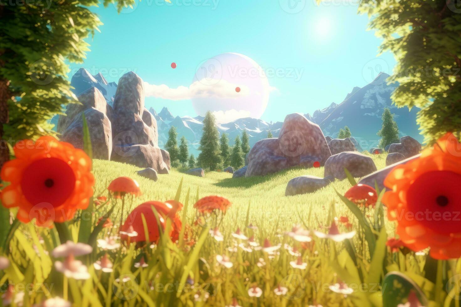 3D Render of a Summer Themed Background Landscape generative AI photo