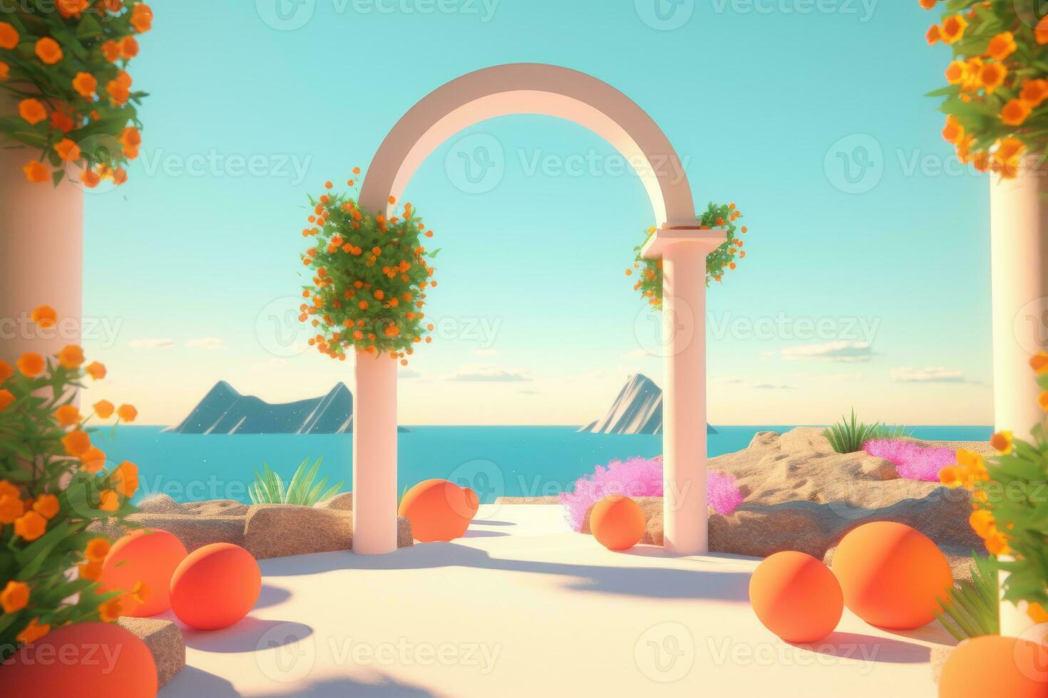 3D Render of a Summer Themed Background Landscape generative AI photo