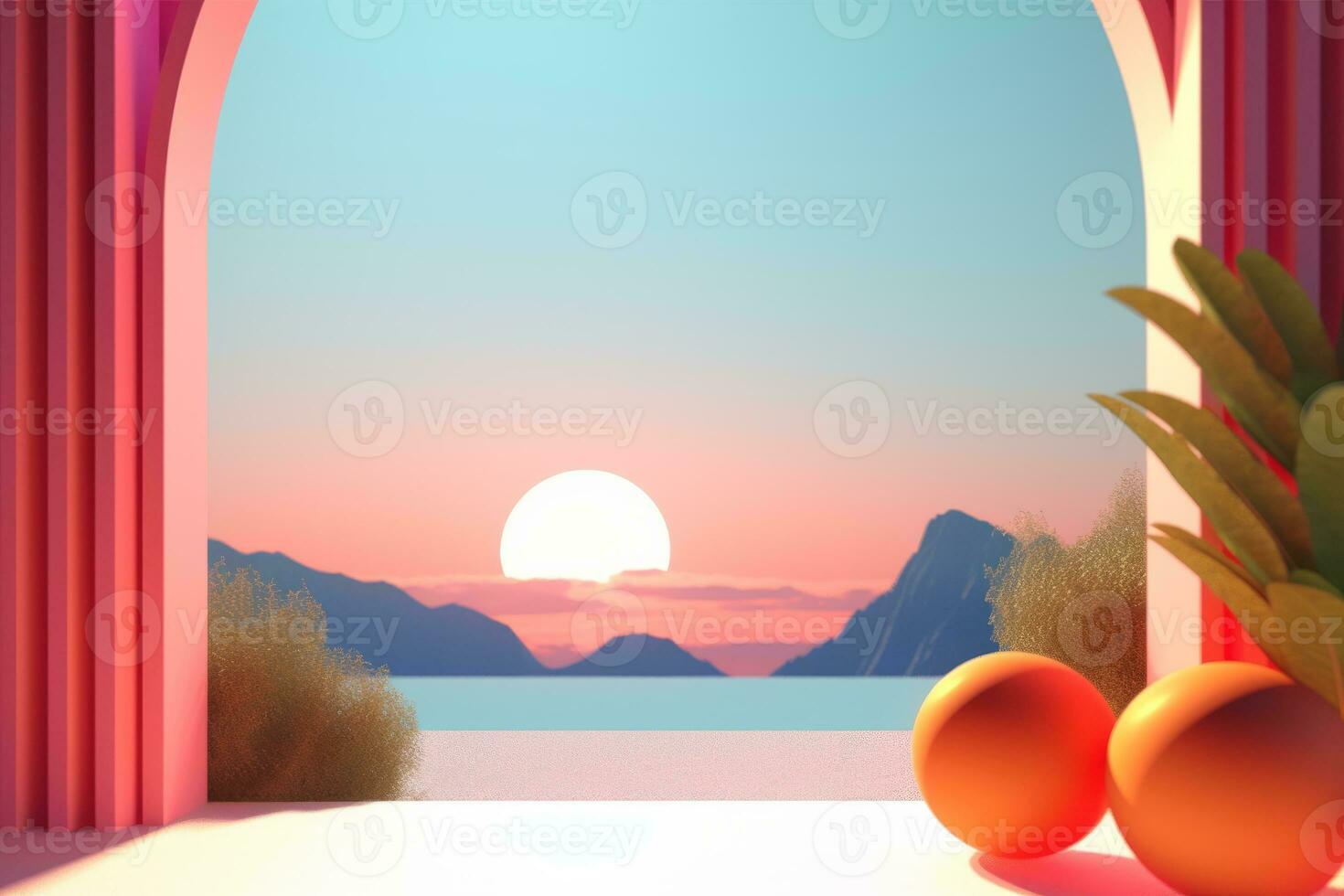 3D Render of a Summer Themed Background Landscape generative AI photo