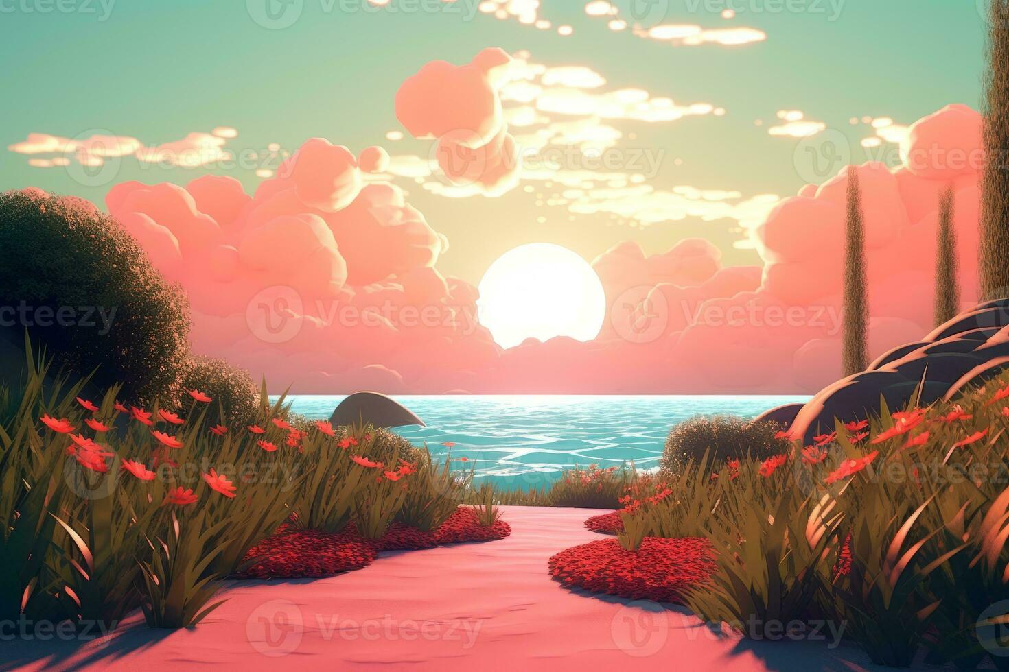 3D Render of a Summer Themed Background Landscape generative AI photo