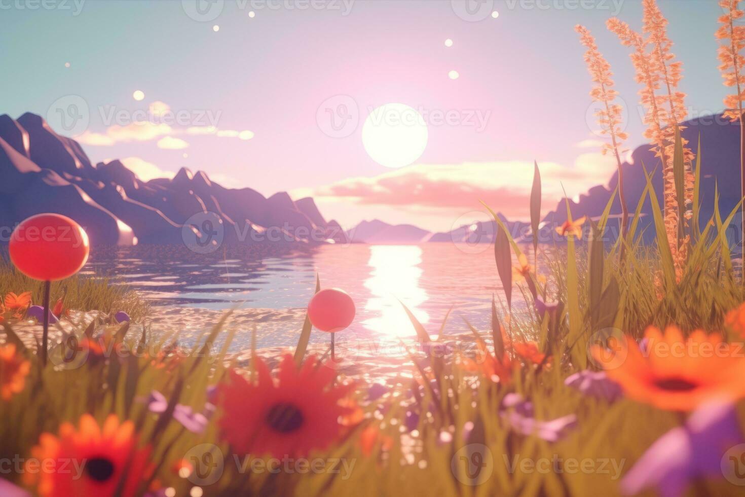 3D Render of a Summer Themed Background Landscape generative AI photo