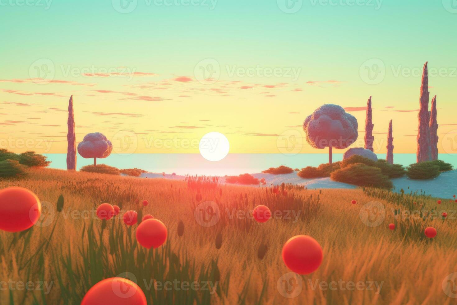 3D Render of a Summer Themed Background Landscape generative AI photo