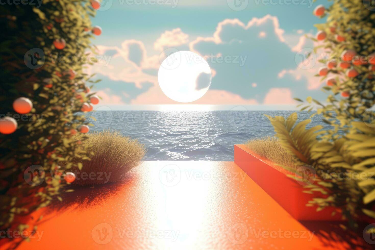 3D Render of a Summer Themed Background Landscape generative AI photo