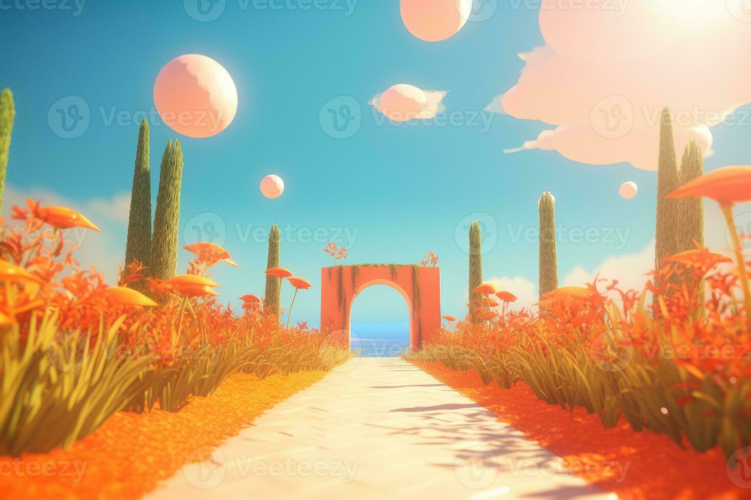 3D Render of a Summer Themed Background Landscape generative AI photo